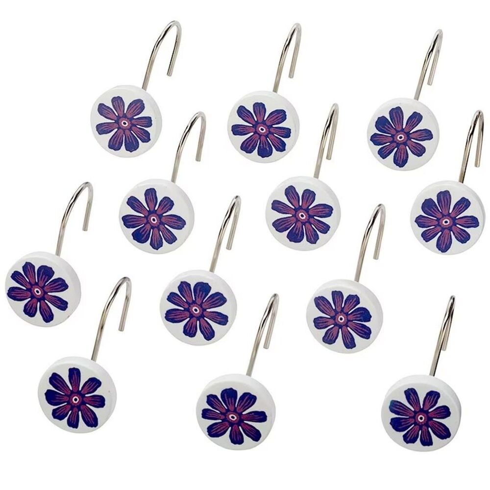 Retro Vibe Blue Floral Shower Curtain Hooks 12-pc Ceramic Metal Bath Gift NEW